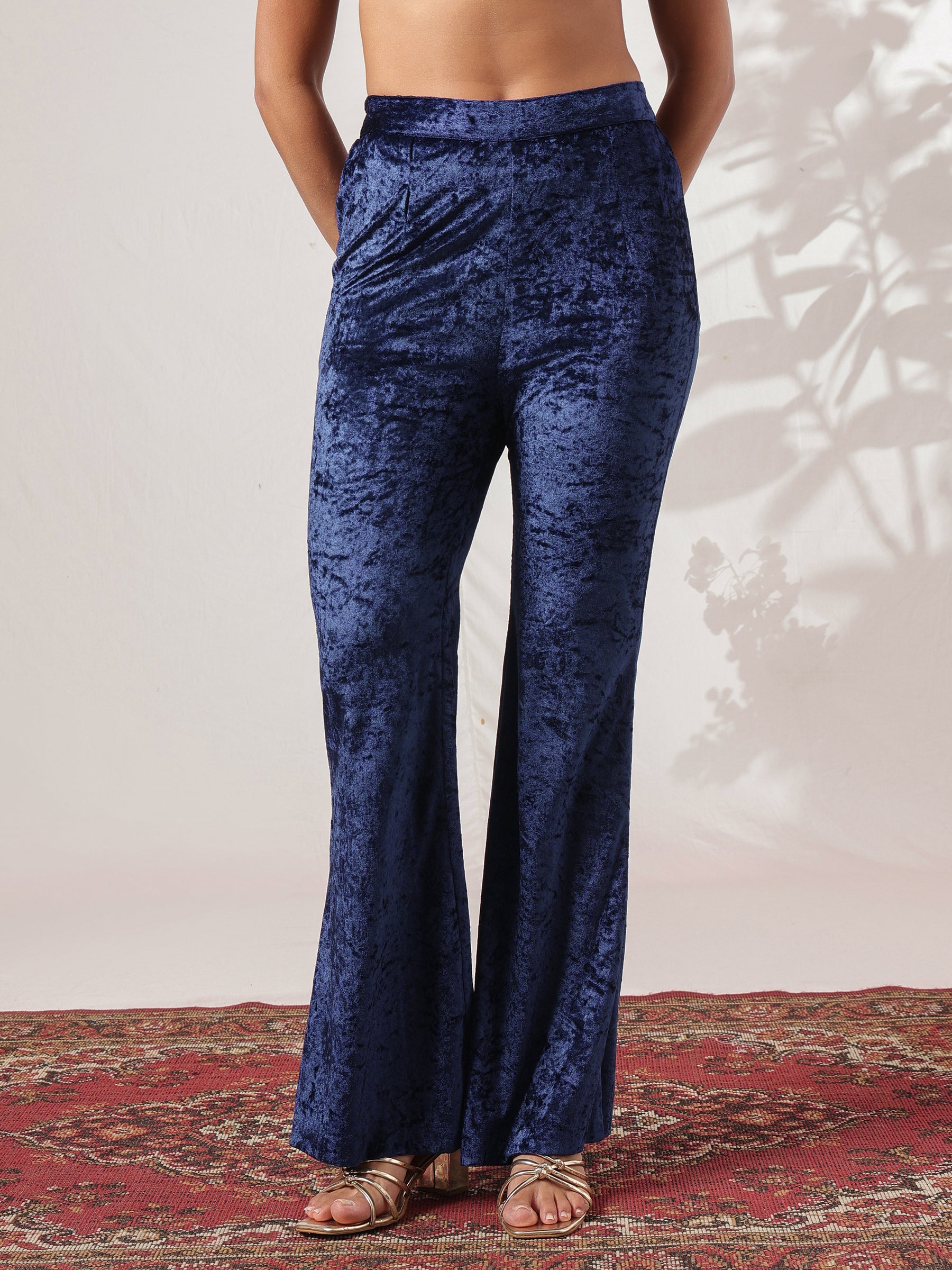 Navy Velvet Embroidered Short Kurta With Bell Bottom Pants-Shae by SASSAFRAS