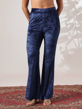 Navy Velvet Embroidered Short Kurta With Bell Bottom Pants-Shae by SASSAFRAS