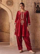 Red Velvet Embroidered Choga Kurta With Farshi Salwar-Shae by SASSAFRAS