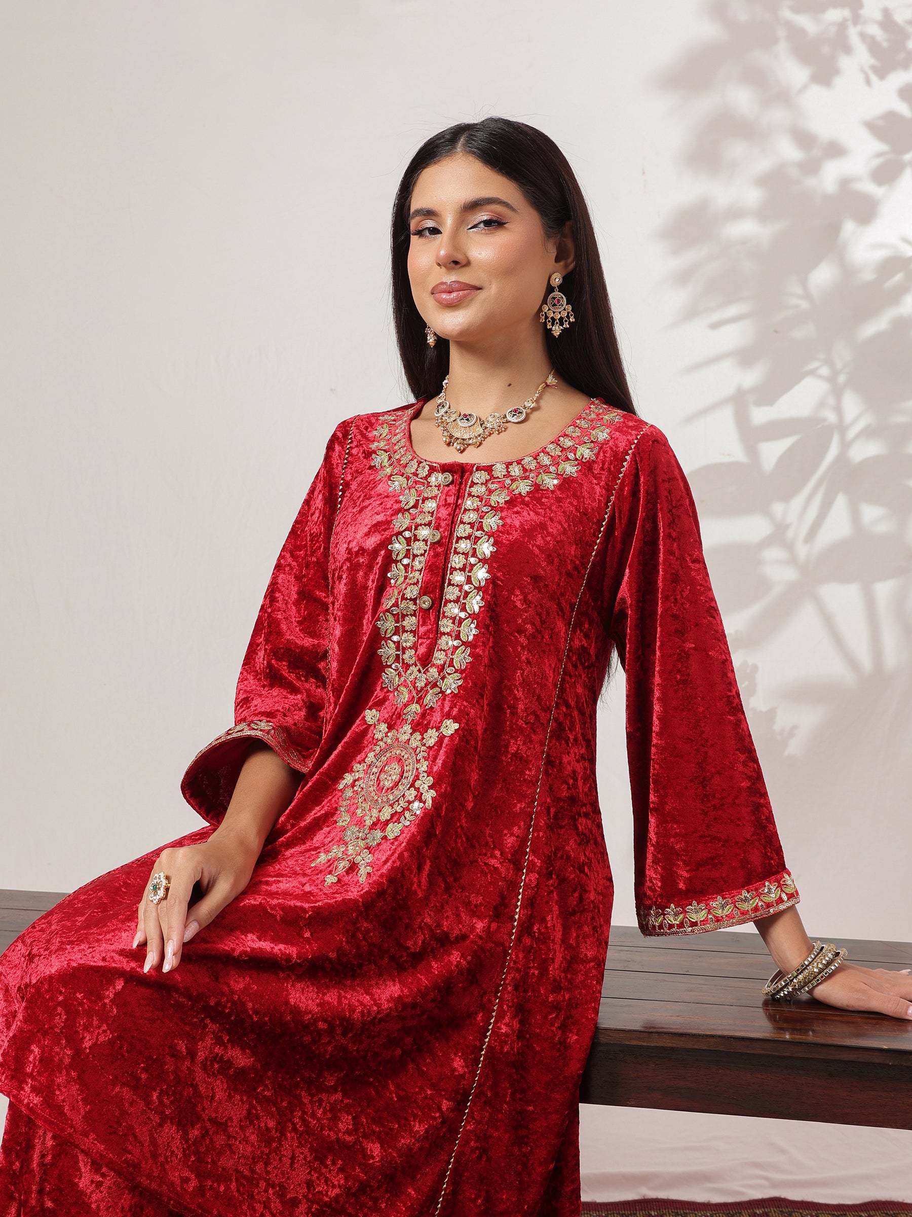 Red Velvet Embroidered Choga Kurta With Farshi Salwar-Shae by SASSAFRAS