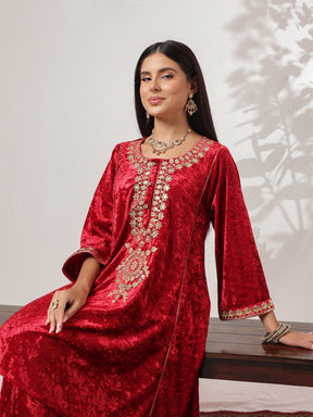 Red Velvet Embroidered Choga Kurta With Farshi Salwar-Shae by SASSAFRAS