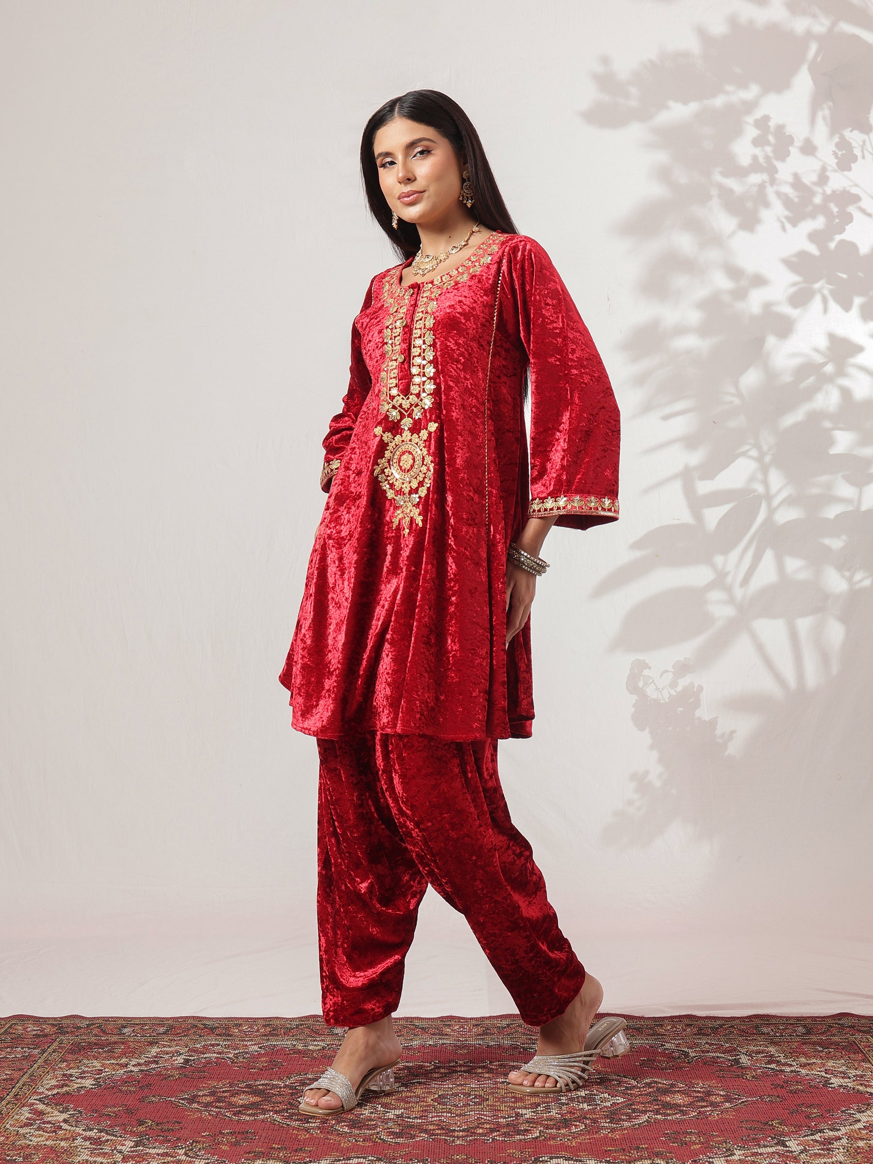 Red Velvet Embroidered Choga Kurta With Farshi Salwar-Shae by SASSAFRAS