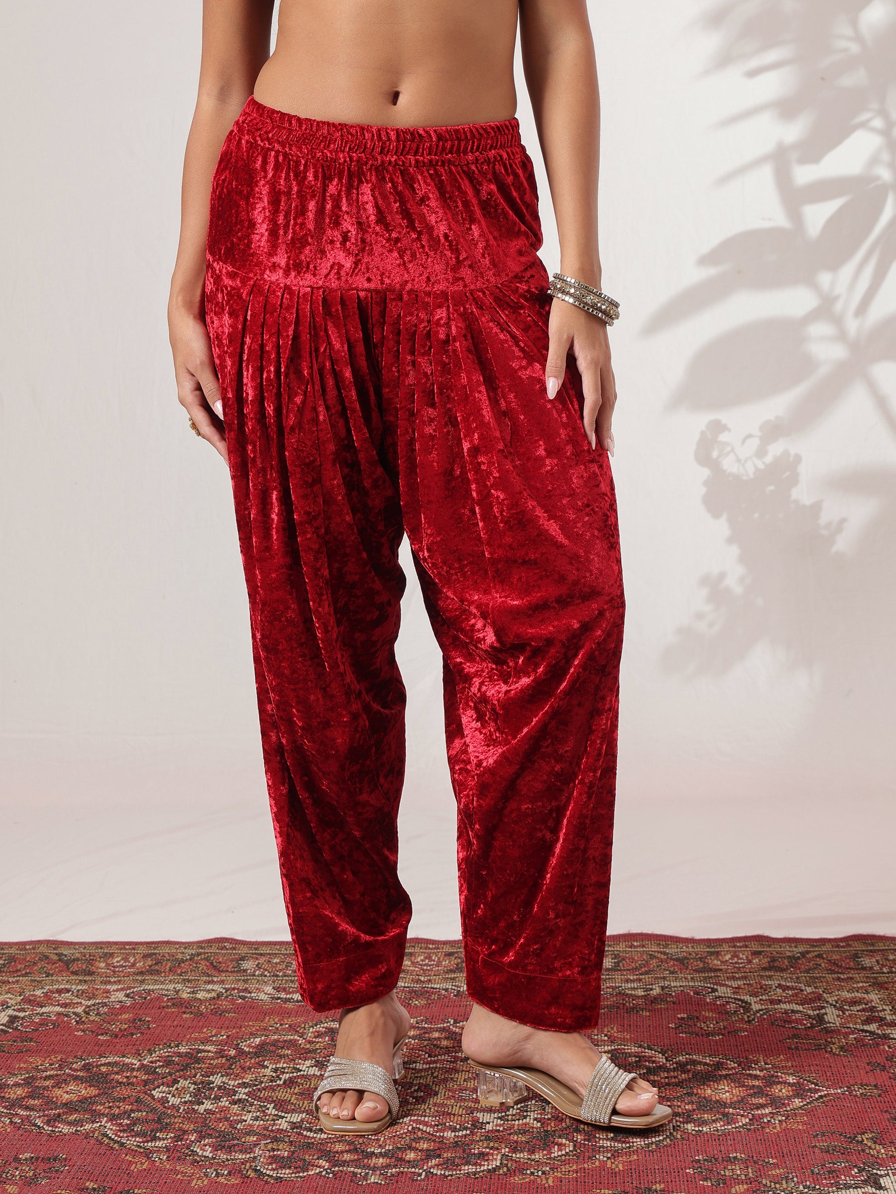 Red Velvet Embroidered Choga Kurta With Farshi Salwar-Shae by SASSAFRAS