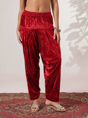 Red Velvet Embroidered Choga Kurta With Farshi Salwar-Shae by SASSAFRAS