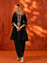 Black Velvet Embroidered Choga Kurta With Farshi Salwar-Shae by SASSAFRAS