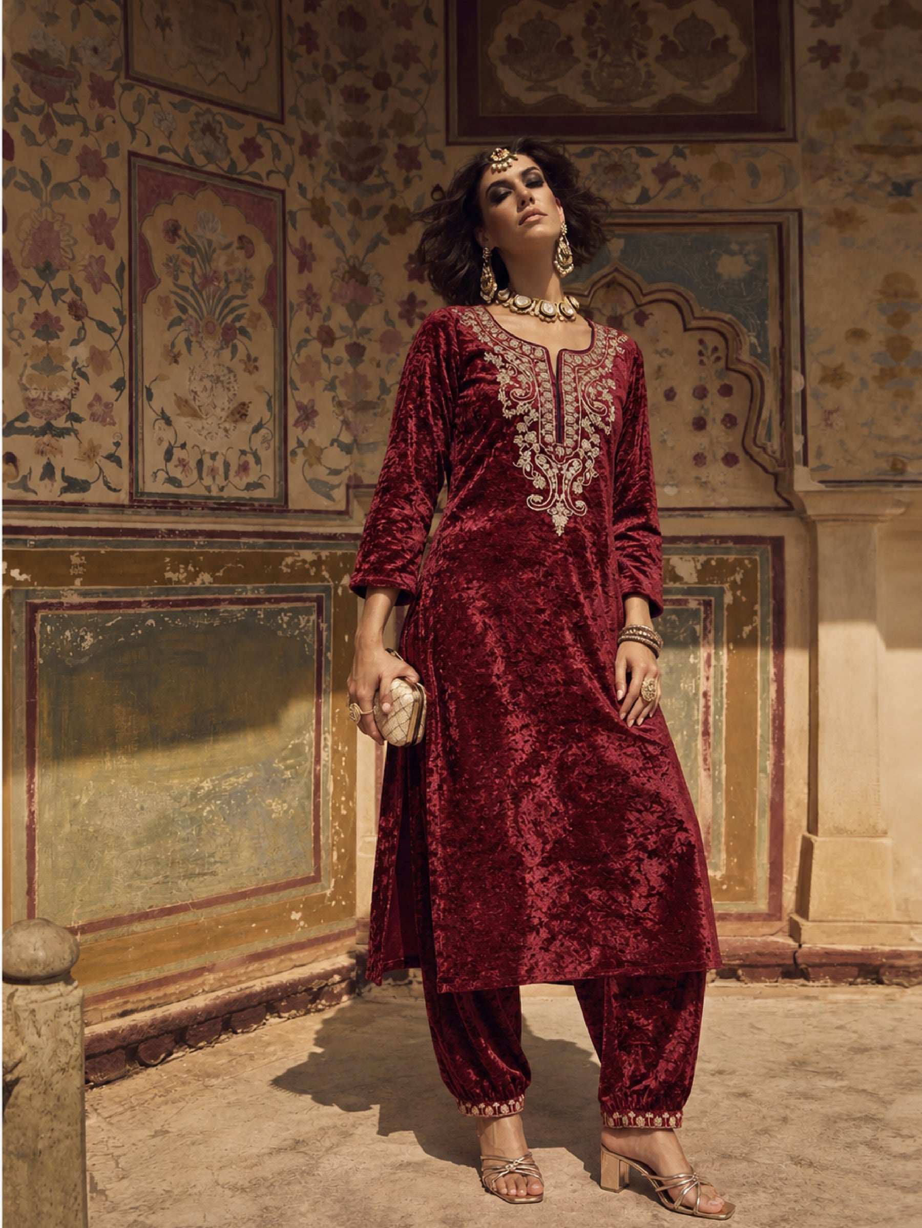 Maroon Velvet Embroidered Straight Kurta With Afghani Pants -Shae by SASSAFRAS