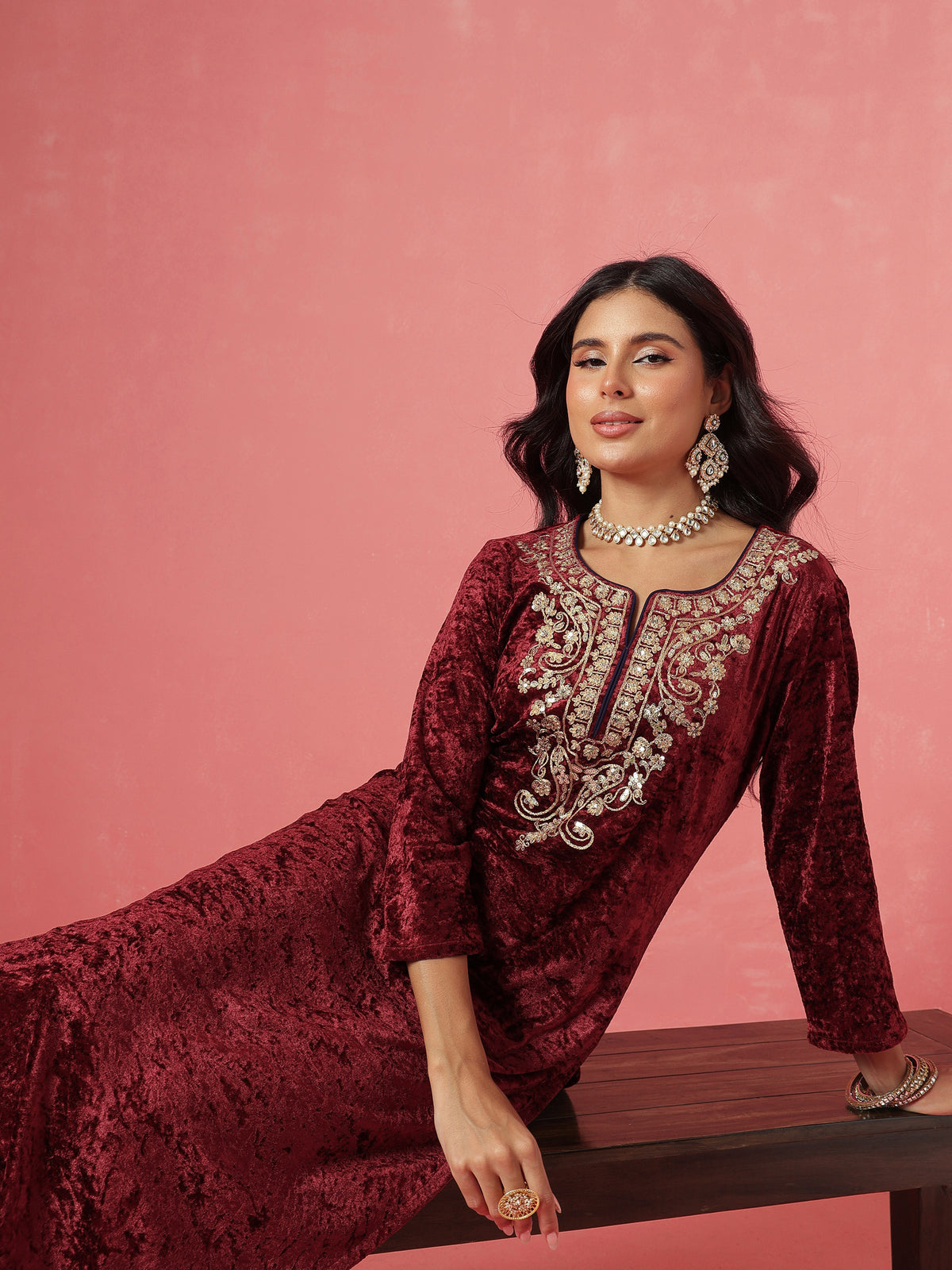 Maroon Velvet Embroidered Straight Kurta With Afghani Pants -Shae by SASSAFRAS