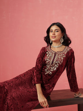 Maroon Velvet Embroidered Straight Kurta With Afghani Pants -Shae by SASSAFRAS
