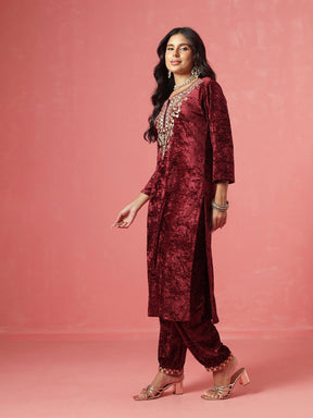 Maroon Velvet Embroidered Straight Kurta With Afghani Pants -Shae by SASSAFRAS