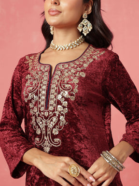 Maroon Velvet Embroidered Straight Kurta With Afghani Pants -Shae by SASSAFRAS
