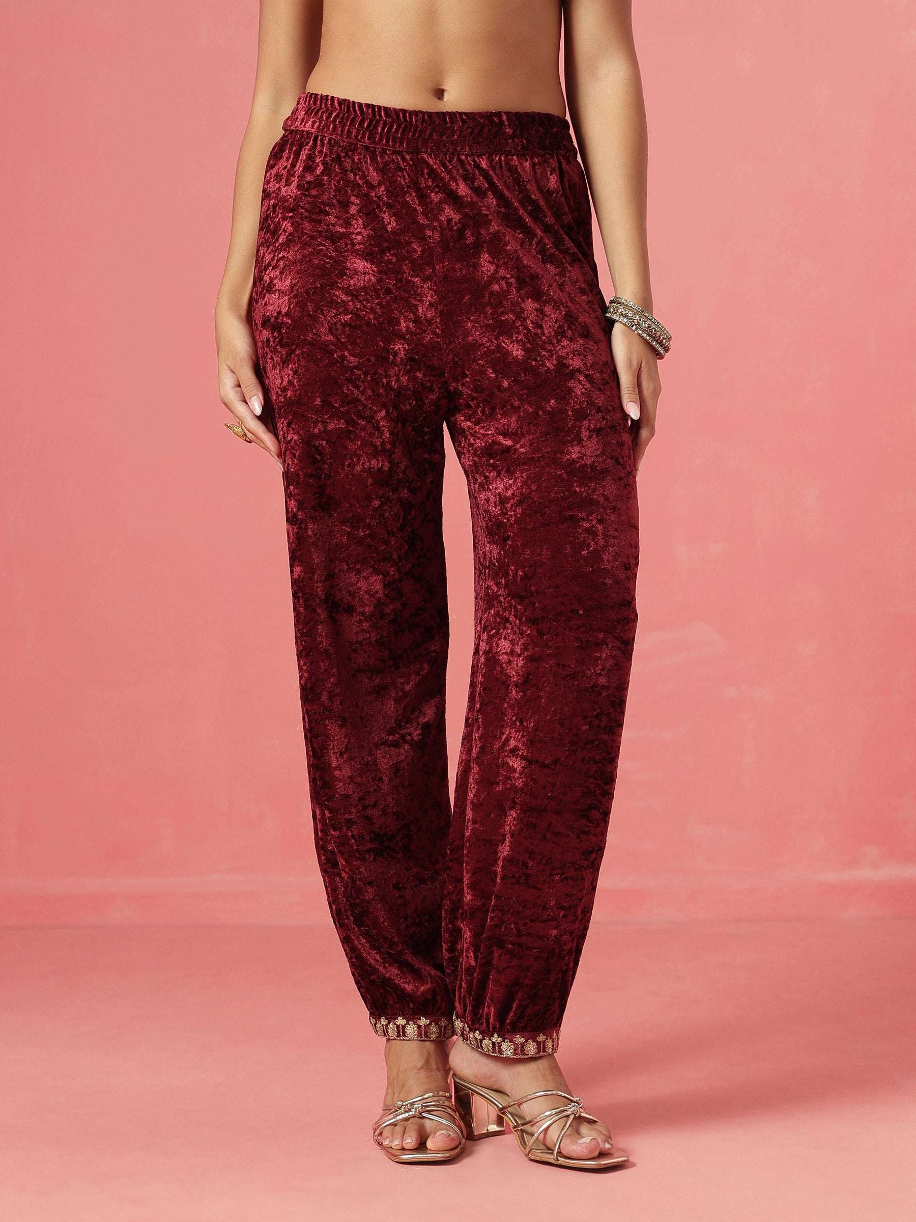 Maroon Velvet Embroidered Straight Kurta With Afghani Pants -Shae by SASSAFRAS