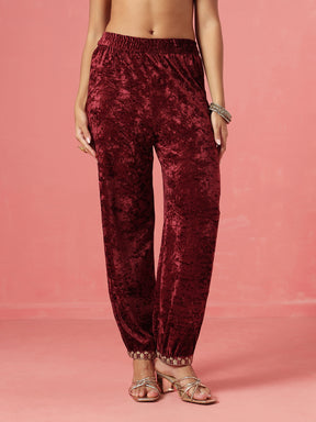Maroon Velvet Embroidered Straight Kurta With Afghani Pants -Shae by SASSAFRAS
