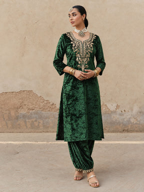 Green Velvet Embroidered Straight Kurta With Afghani Pants -Shae by SASSAFRAS