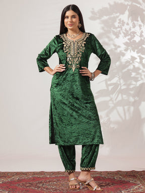 Green Velvet Embroidered Straight Kurta With Afghani Pants -Shae by SASSAFRAS