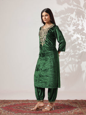 Green Velvet Embroidered Straight Kurta With Afghani Pants -Shae by SASSAFRAS