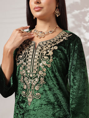 Green Velvet Embroidered Straight Kurta With Afghani Pants -Shae by SASSAFRAS