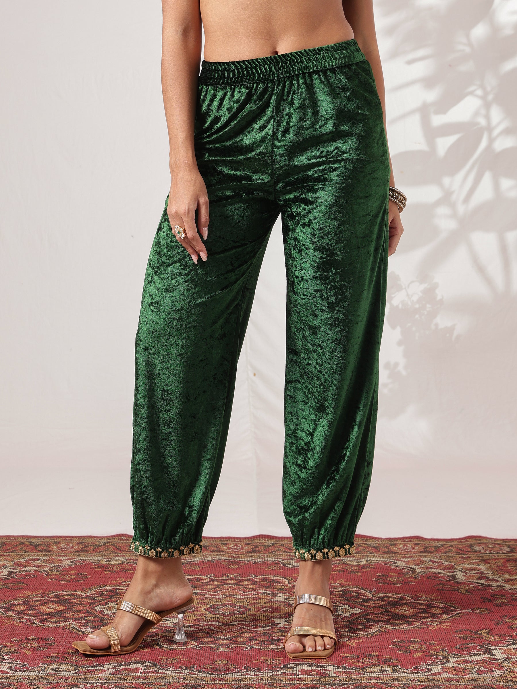 Green Velvet Embroidered Straight Kurta With Afghani Pants -Shae by SASSAFRAS