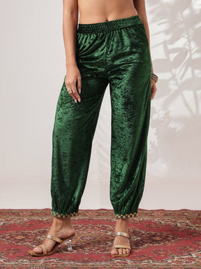 Green Velvet Embroidered Straight Kurta With Afghani Pants -Shae by SASSAFRAS