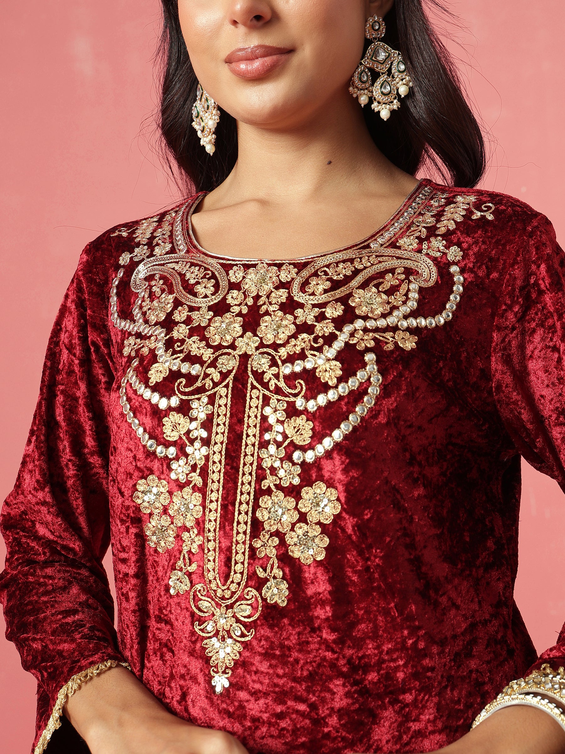 Maroon Velvet Short Embroidered Kurta With Farshi Salwar-Shae by SASSAFRAS