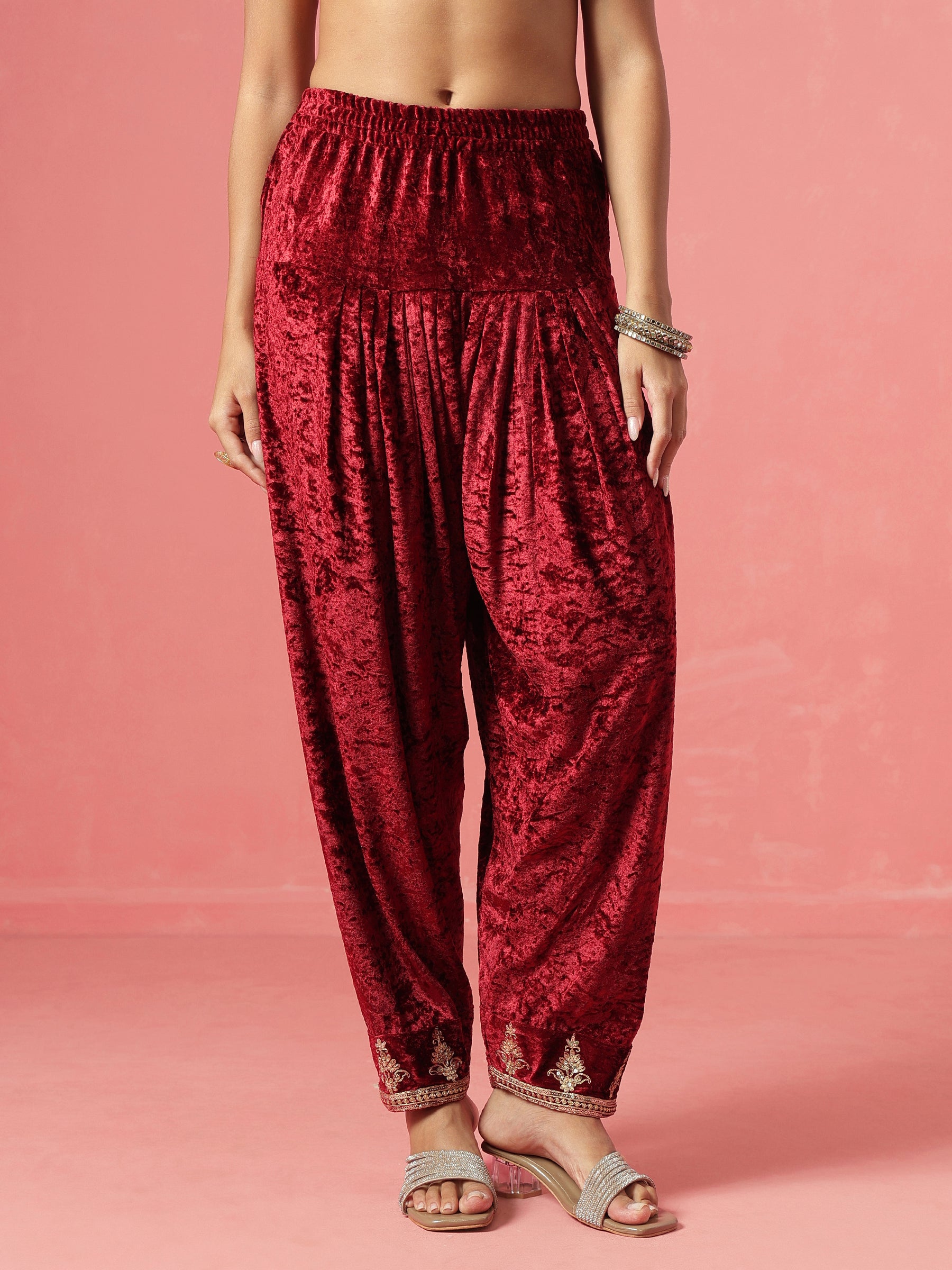 Maroon Velvet Short Embroidered Kurta With Farshi Salwar-Shae by SASSAFRAS