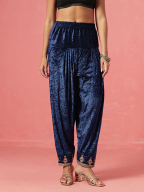 Navy Velvet Short Embroidered Kurta With Farshi Salwar-Shae by SASSAFRAS
