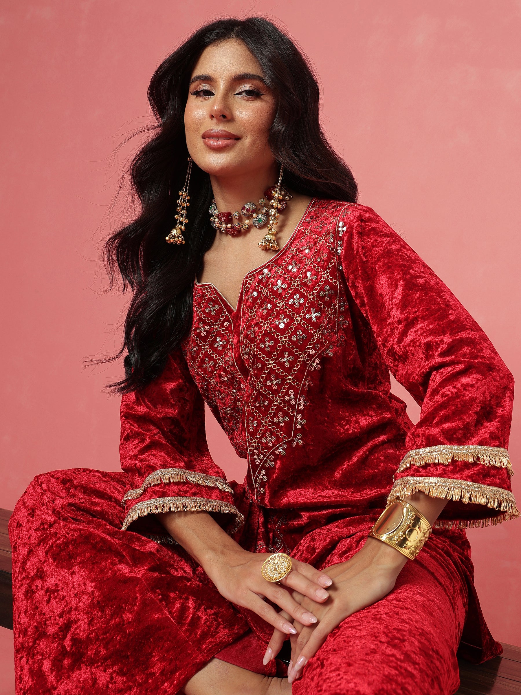 Red Velvet Neck Embroidered Short Kurta With Palazzos-Shae by SASSAFRAS