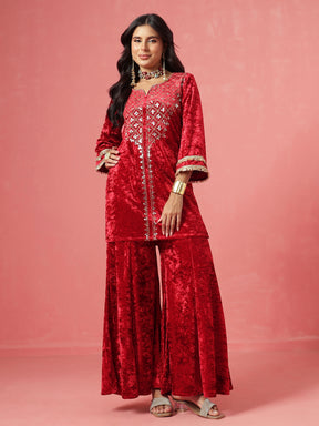 Red Velvet Neck Embroidered Short Kurta With Palazzos-Shae by SASSAFRAS