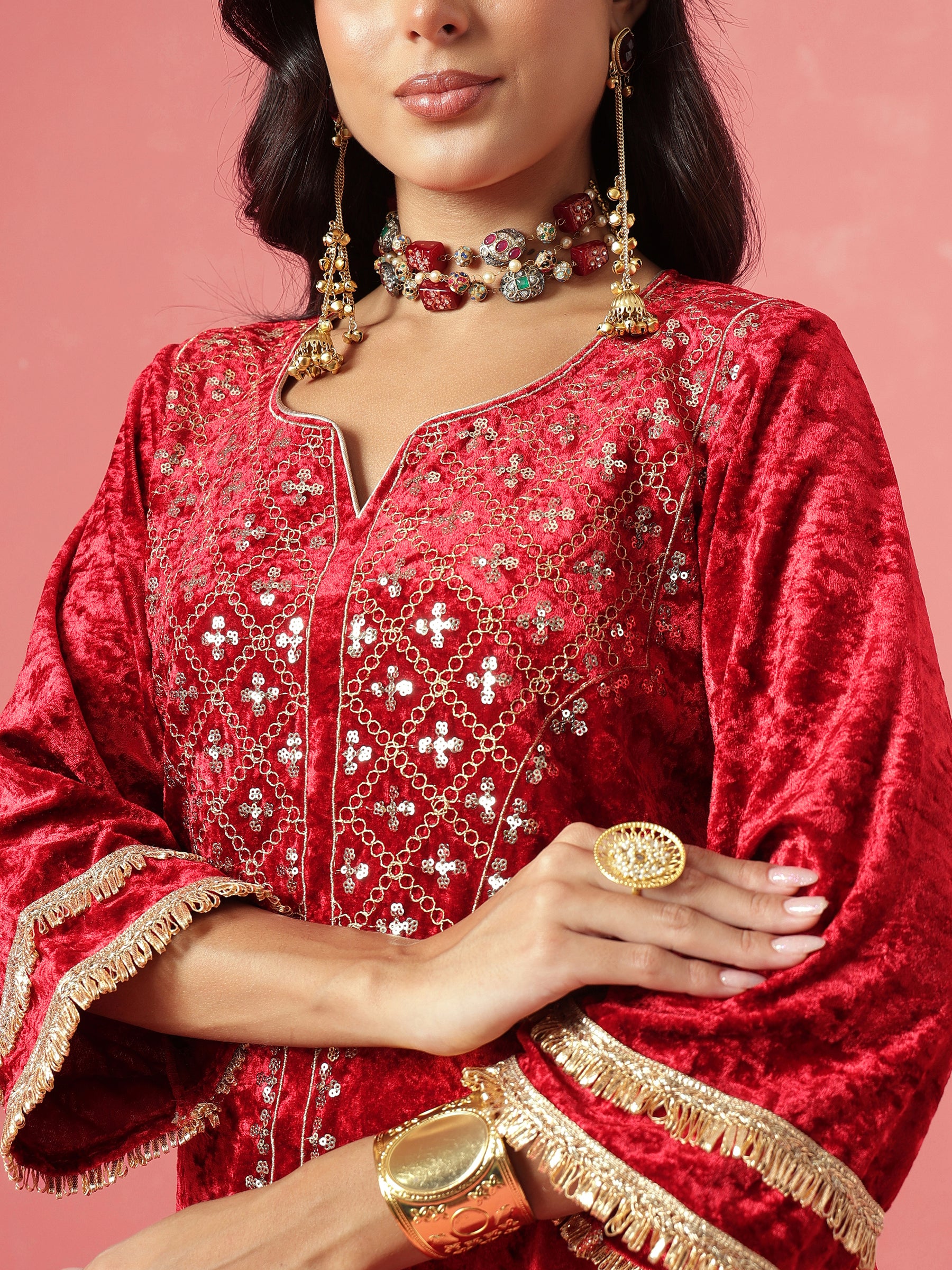 Red Velvet Neck Embroidered Short Kurta With Palazzos-Shae by SASSAFRAS