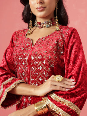 Red Velvet Neck Embroidered Short Kurta With Palazzos-Shae by SASSAFRAS