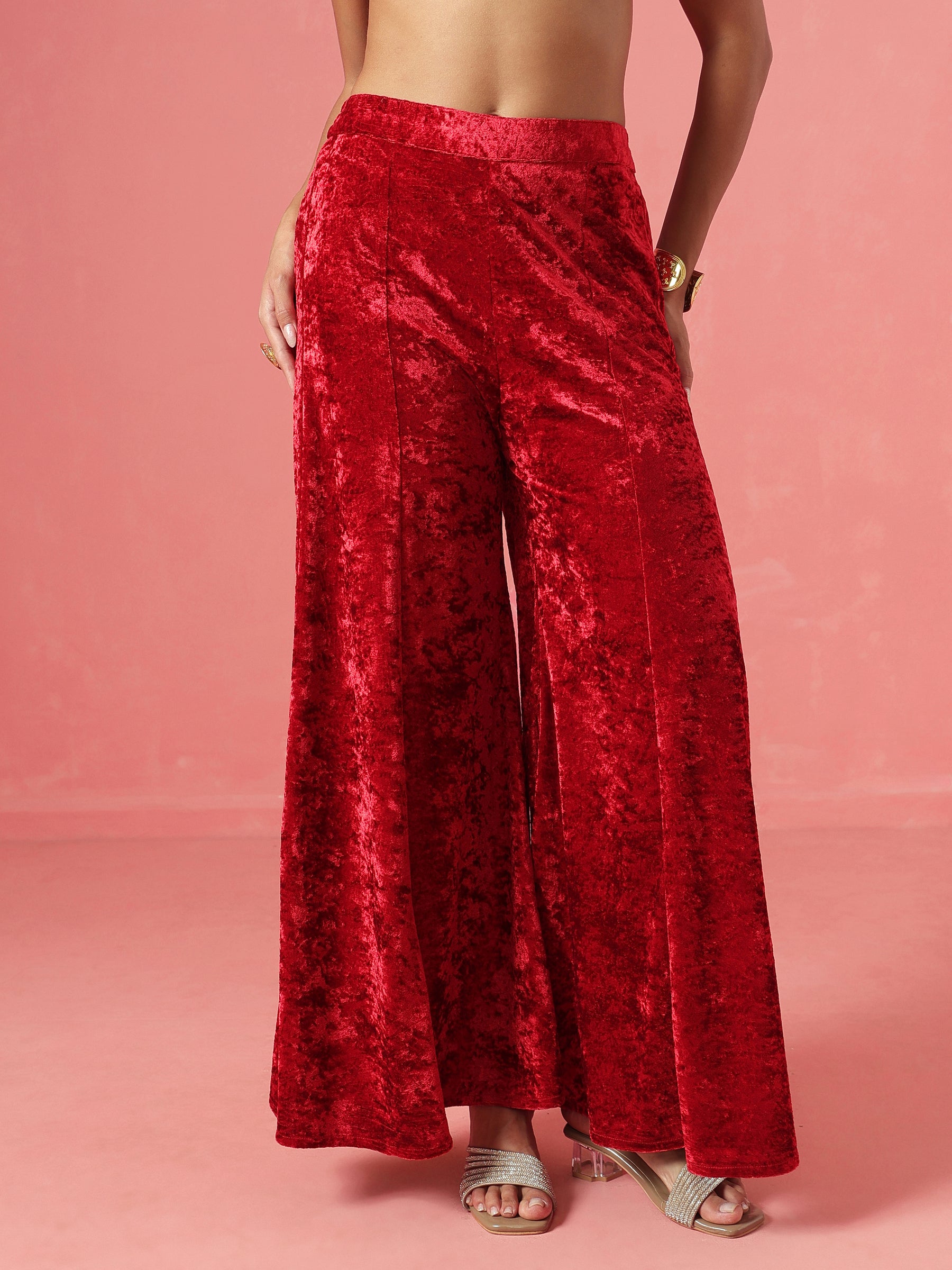 Red Velvet Neck Embroidered Short Kurta With Palazzos-Shae by SASSAFRAS