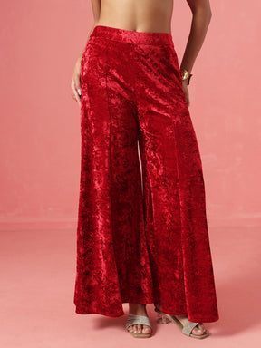 Red Velvet Neck Embroidered Short Kurta With Palazzos-Shae by SASSAFRAS