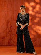 Black Velvet Neck Embroidered Short Kurta With Palazzos-Shae by SASSAFRAS