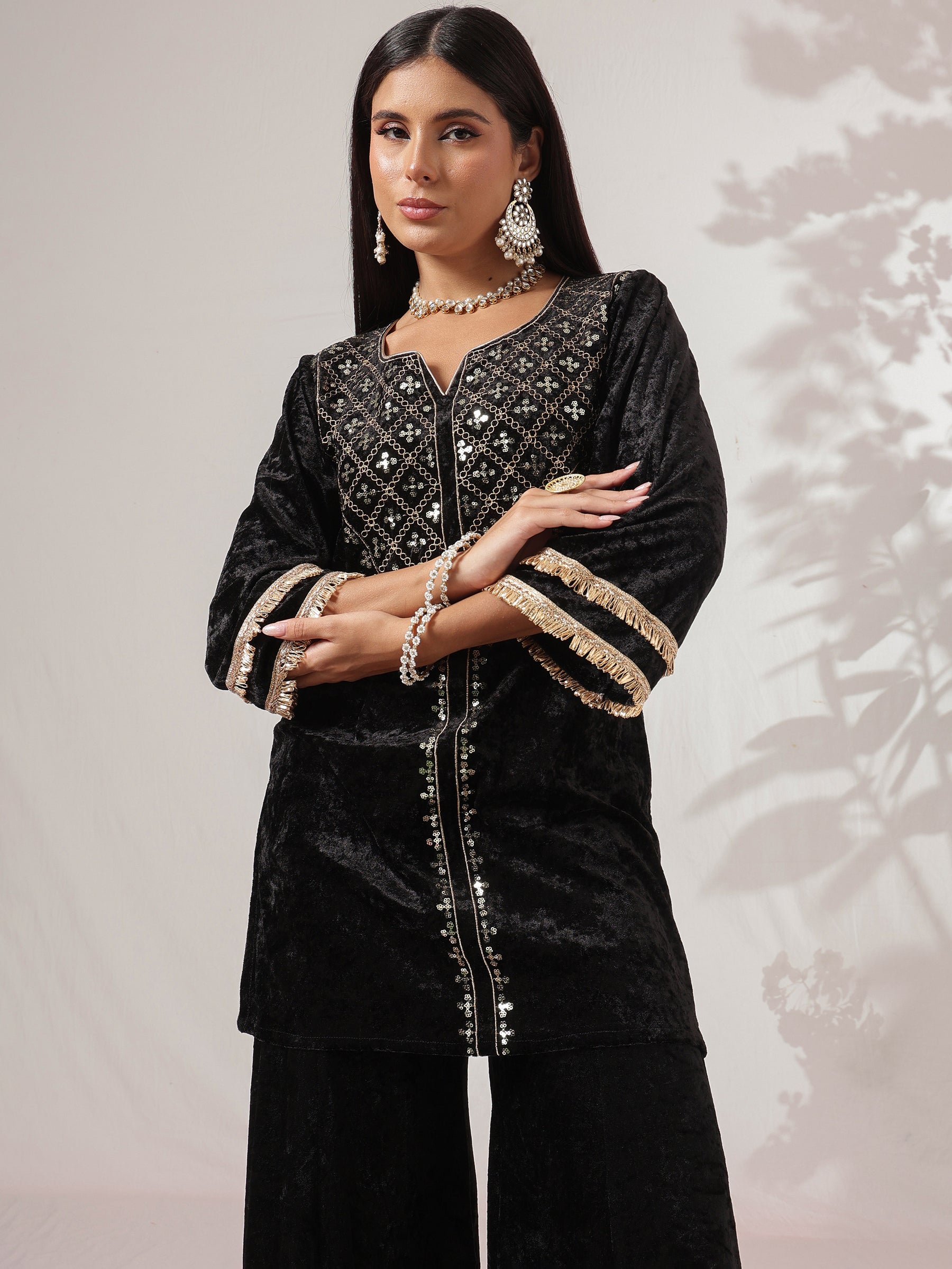 Black Velvet Neck Embroidered Short Kurta With Palazzos-Shae by SASSAFRAS