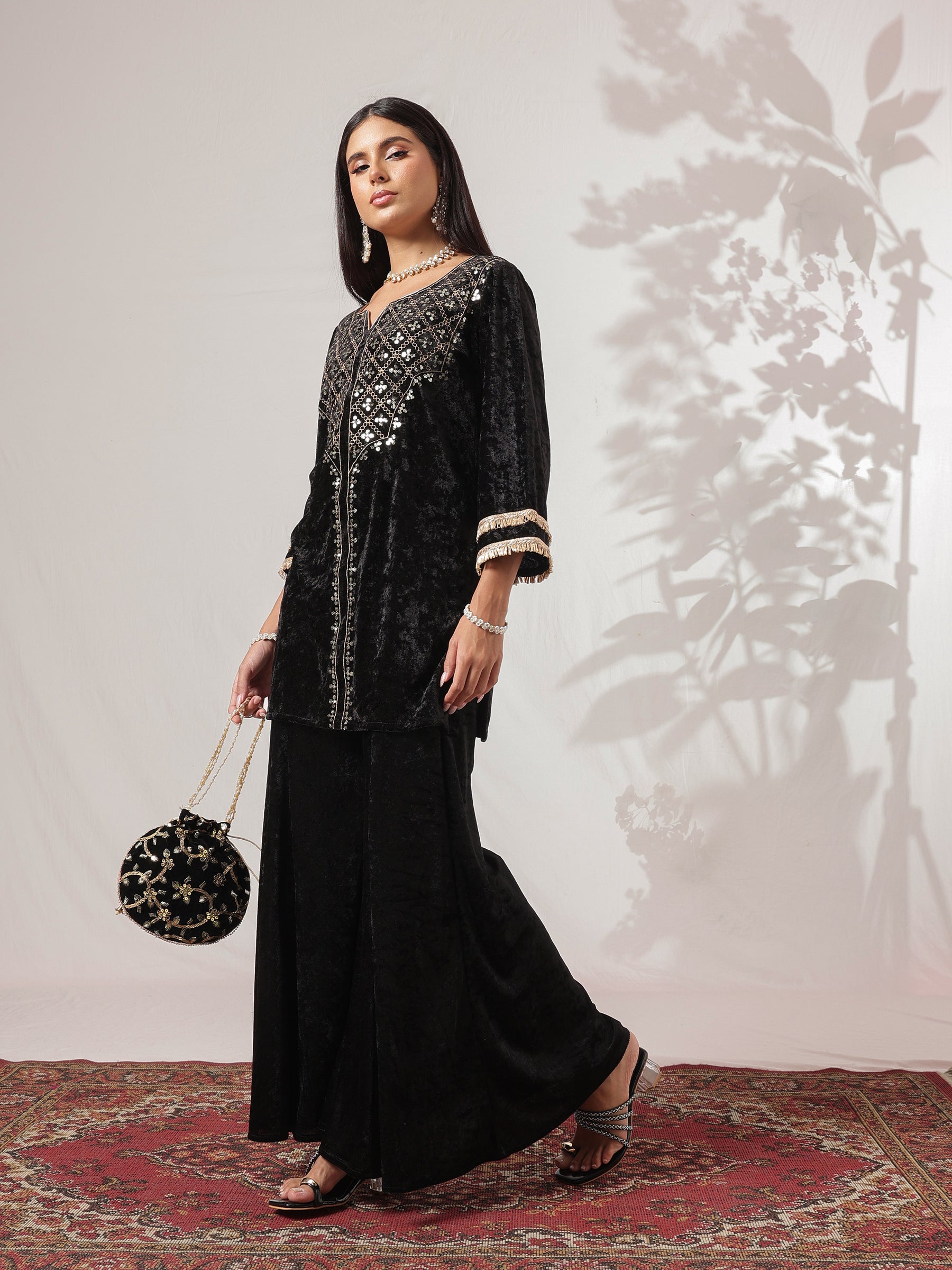 Black Velvet Neck Embroidered Short Kurta With Palazzos-Shae by SASSAFRAS