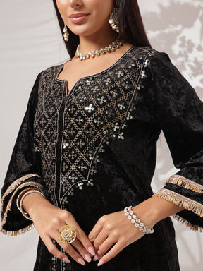 Black Velvet Neck Embroidered Short Kurta With Palazzos-Shae by SASSAFRAS