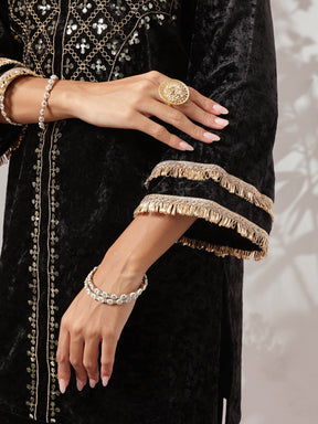 Black Velvet Neck Embroidered Short Kurta With Palazzos-Shae by SASSAFRAS