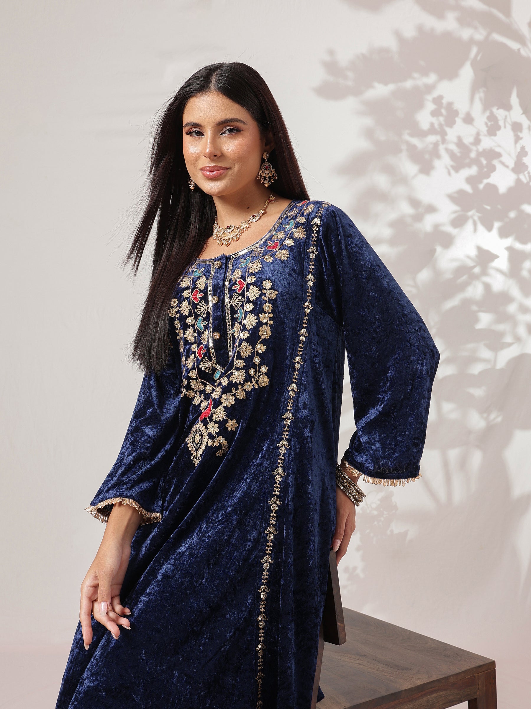 Navy Velvet Embroidered Choga Kurta With Straight Pants-Shae by SASSAFRAS
