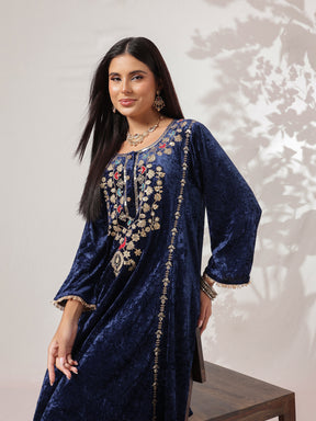Navy Velvet Embroidered Choga Kurta With Straight Pants-Shae by SASSAFRAS