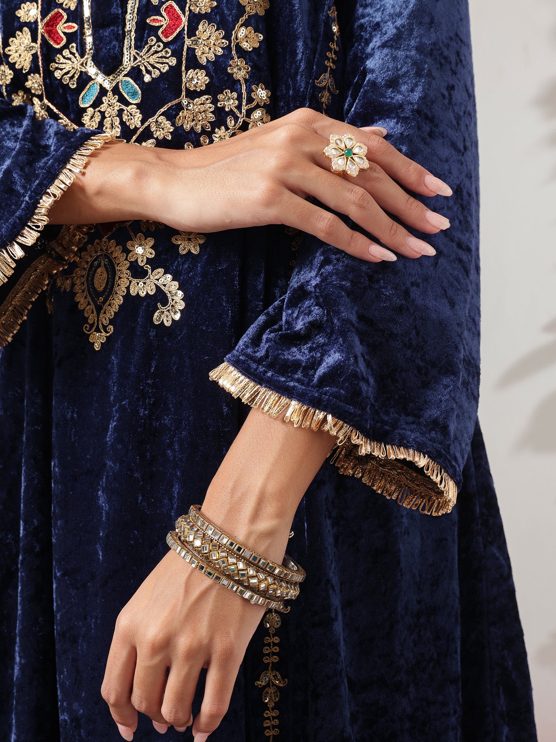 Navy Velvet Embroidered Choga Kurta With Straight Pants-Shae by SASSAFRAS