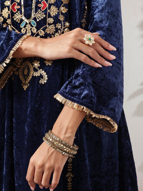 Navy Velvet Embroidered Choga Kurta With Straight Pants-Shae by SASSAFRAS