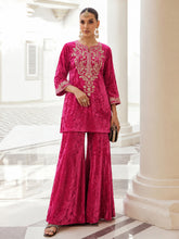 Fuchsia Velvet Embroidered Neck Short Kurta With Palazzo-Shae by SASSAFRAS