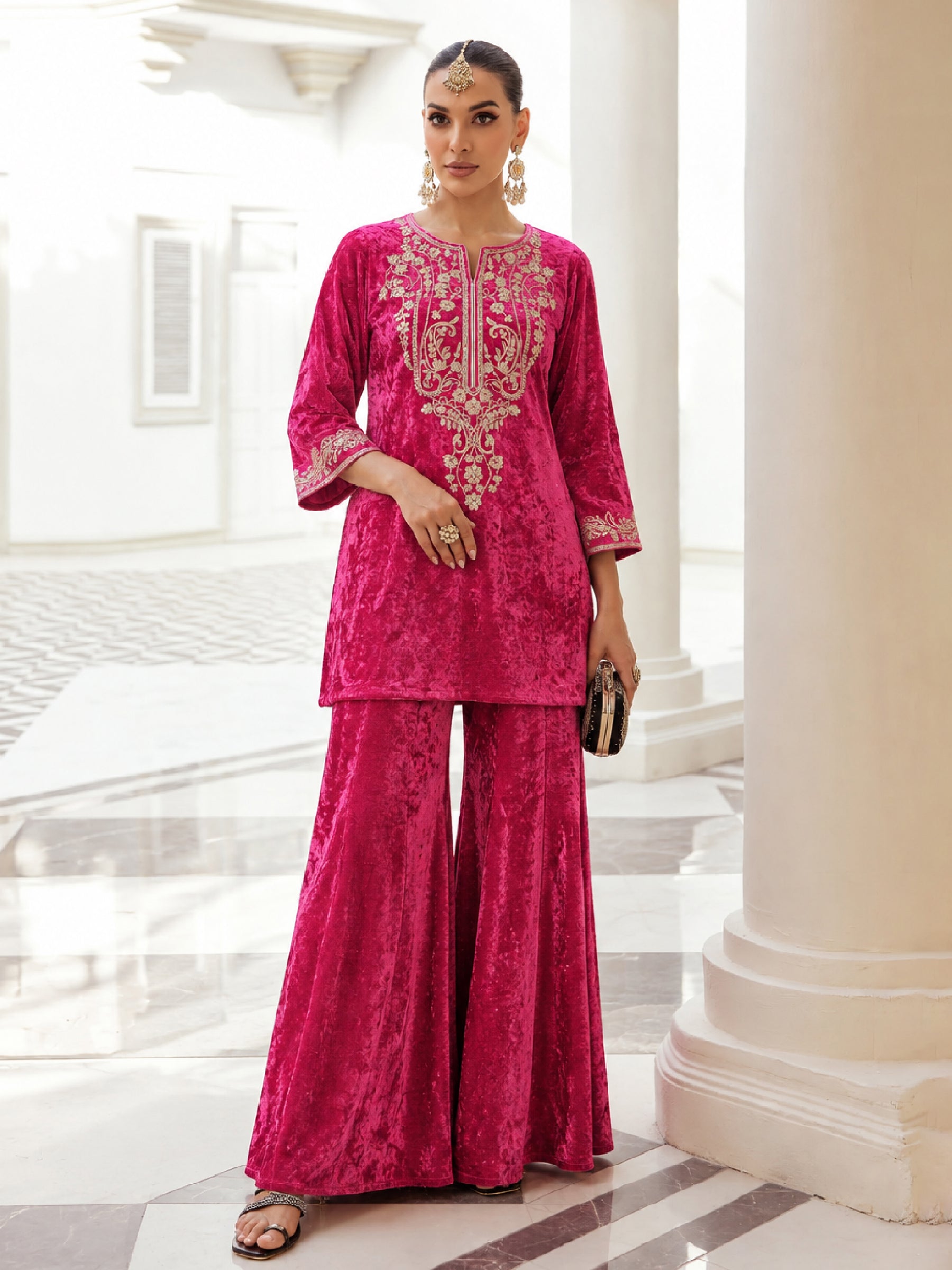 Fuchsia Velvet Embroidered Neck Short Kurta With Palazzo-Shae by SASSAFRAS