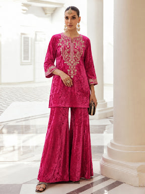 Fuchsia Velvet Embroidered Neck Short Kurta With Palazzo-Shae by SASSAFRAS