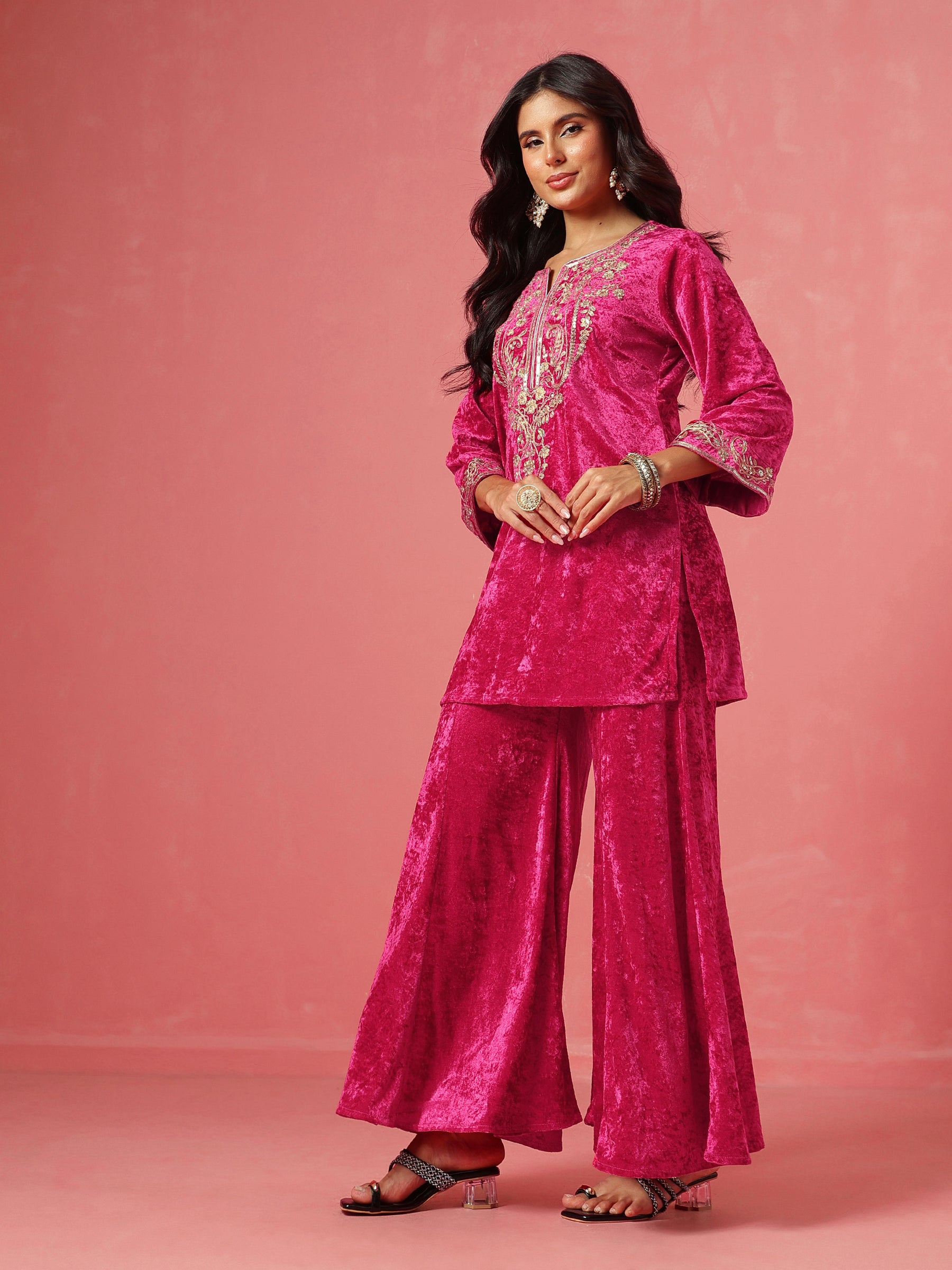 Fuchsia Velvet Embroidered Neck Short Kurta With Palazzo-Shae by SASSAFRAS
