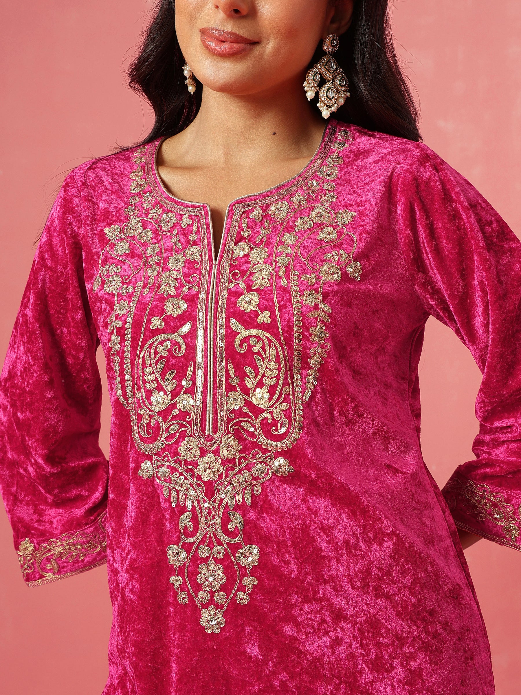 Fuchsia Velvet Embroidered Neck Short Kurta With Palazzo-Shae by SASSAFRAS