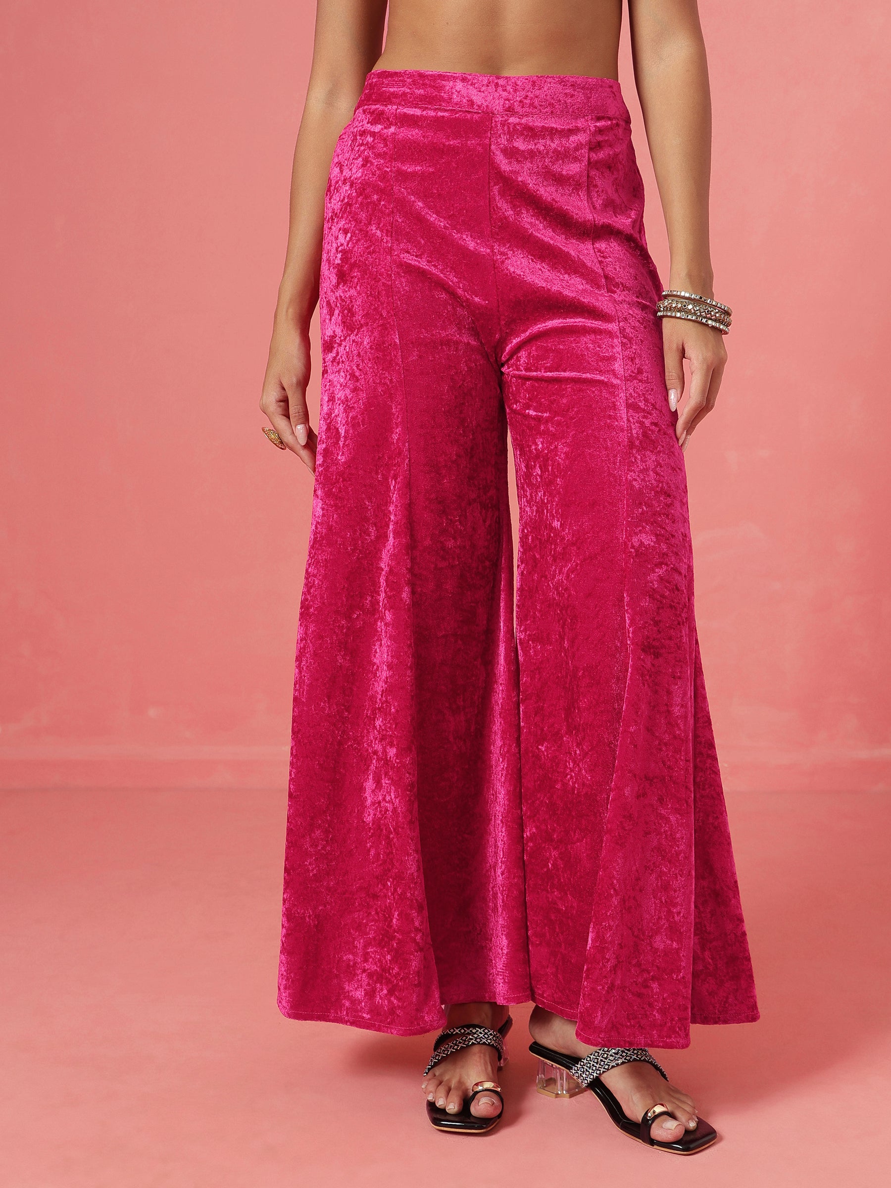 Fuchsia Velvet Embroidered Neck Short Kurta With Palazzo-Shae by SASSAFRAS