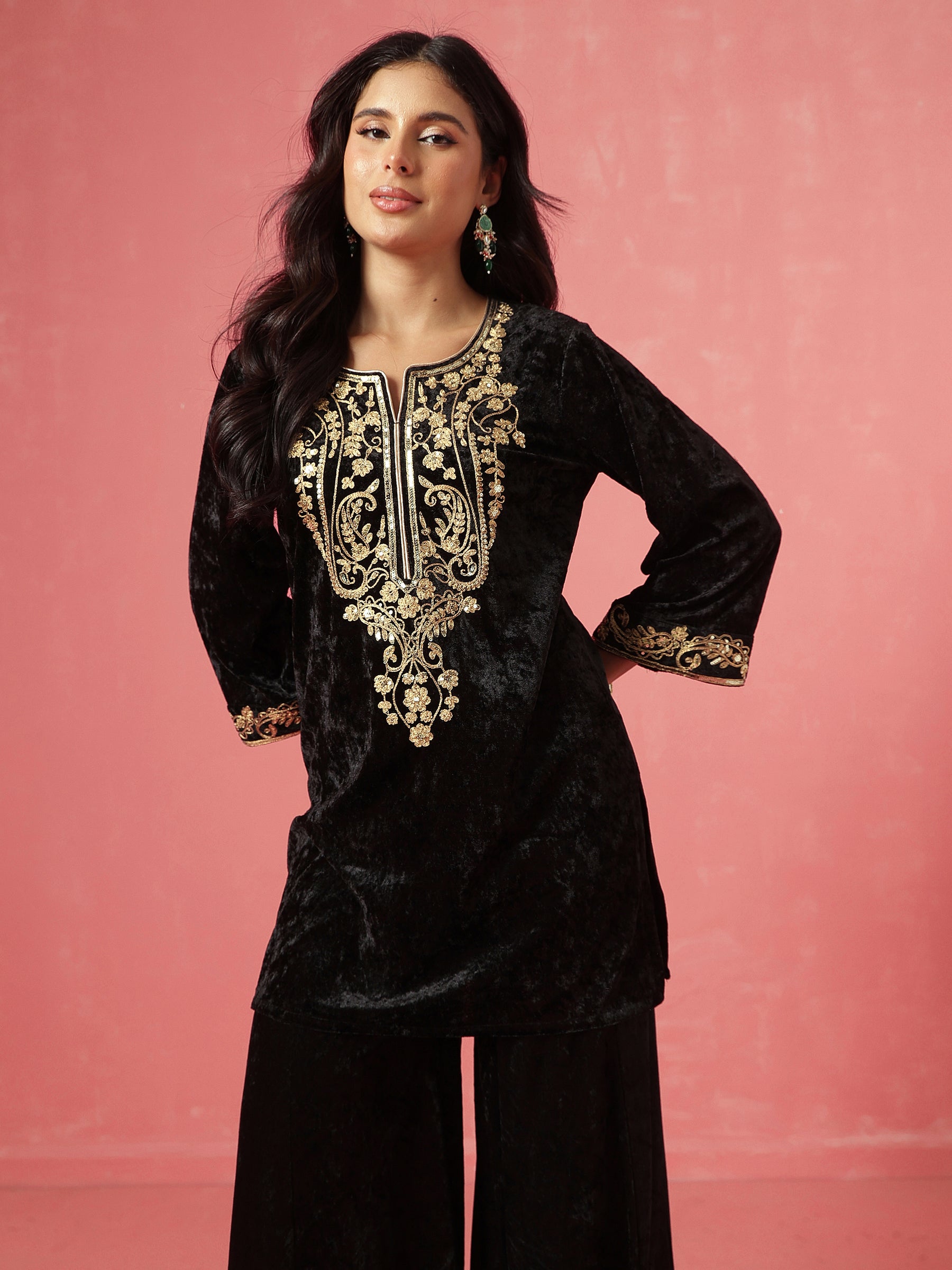 Black Velvet Embroidered Neck Short Kurta With Palazzo-Shae by SASSAFRAS
