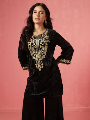 Black Velvet Embroidered Neck Short Kurta With Palazzo-Shae by SASSAFRAS