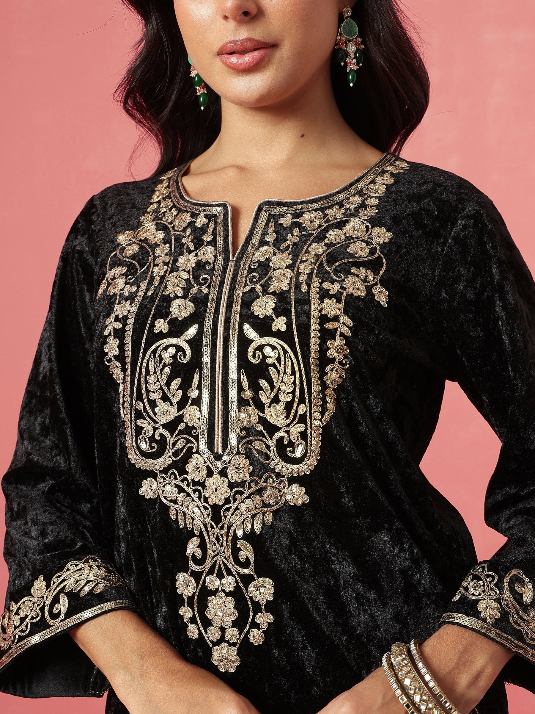 Black Velvet Embroidered Neck Short Kurta With Palazzo-Shae by SASSAFRAS