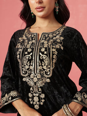 Black Velvet Embroidered Neck Short Kurta With Palazzo-Shae by SASSAFRAS